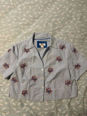 Maeve Blue & White Striped Button-Down with Red Crab Embroidery